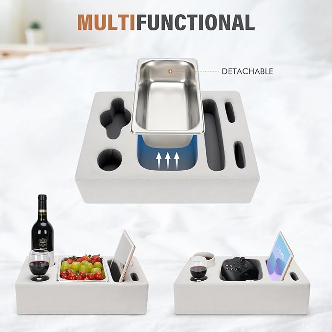 INNO STAGE Couch Cup Holder Pillow - Sofa Cup Holder with Stainless Steel Bowl Couch Drink Caddy Remote Snacks Cozy Mug Cupholder Buddy for Bed, Car, Man Cave, Rv, Tv, Backseat (Silver)