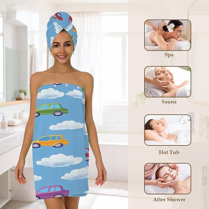 Women Bath Wrap Hair Towel Drying Cap Set Colored Cars Clauds Soft Absorbent Bathrobe Shower Wraps with Adjustable Closure Spa Bath Robe