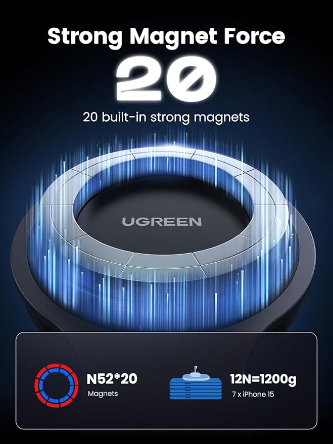 UGREEN Magnetic Wireless Car Charging Phone Mount, Phone Holder Compatible with Tesla Model 3/Y iPhone 17/17 Air/17 Pro/17 Pro Max/16/15/14/13/12 Series