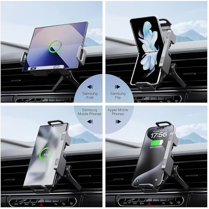 Famous Tech Shop Wireless Car Charger Mount, Car Phone Holder Charger with 15W Fast Charging, Auto Rotation & Dual Mount