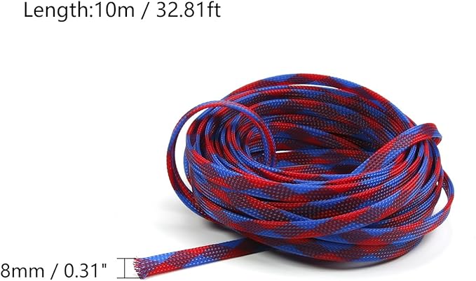 Aicosineg Cable Sleeve Braided Sleeving PET Wire Loom Tubing Cable 32.81ft-1/3inches Wrap Protector for HiFi Audio and Video Headphone Cable Protect Wires from Chewing of Pets Blue and Red