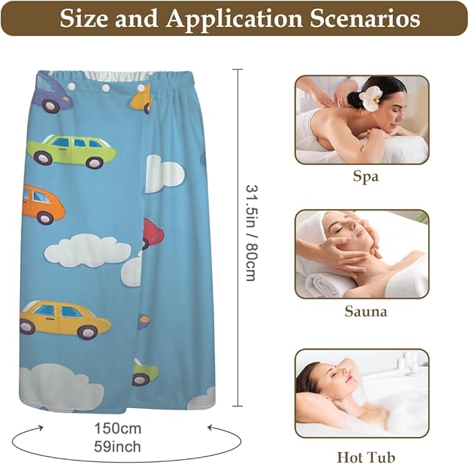 Women's Bath Wrap Cute Adorable Cars Absorbent Shower Spa Body Bath Robe Wraps Bathrobe Towel with Adjustable Closure