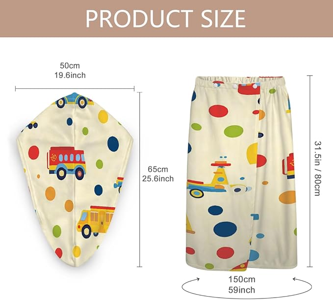 Women Bath Wrap Hair Towel Drying Cap Set Cartoon Colorful Trucks Cars Soft Absorbent Bathrobe Shower Wraps with Adjustable Closure Spa Bath Robe
