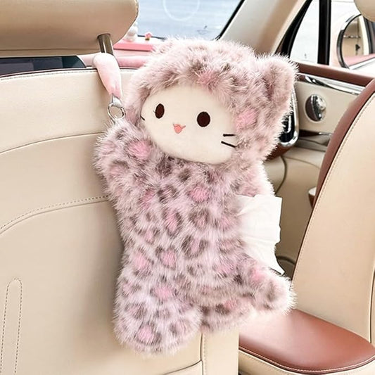 Tissue Box Cover Plush Tissue Box Holder for Car, Home, Decorative Holder/Organizer for Bathroom Vanity Countertop, Nightstands, Office Desk-Pink Leopard Cat