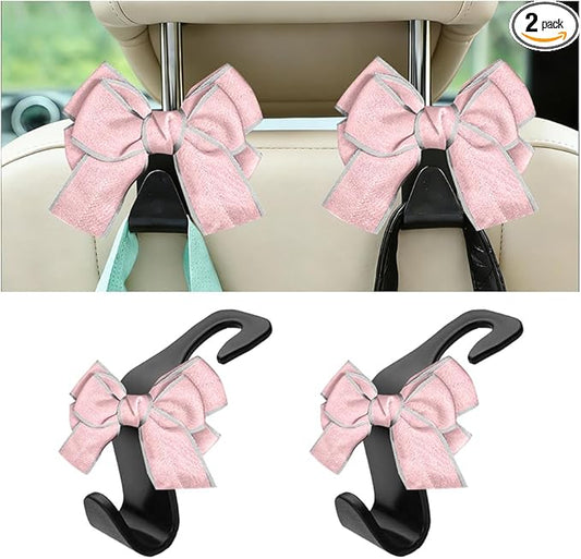 2PCS Car Seat Headrest Hooks, Cute Bow Vehicle Backseat Storage Hanger for Handbag Umbrella Coat, Automotive Seat Back Hook Holder Organizer Decor, Universal for Vehicles (Pink/Gray)