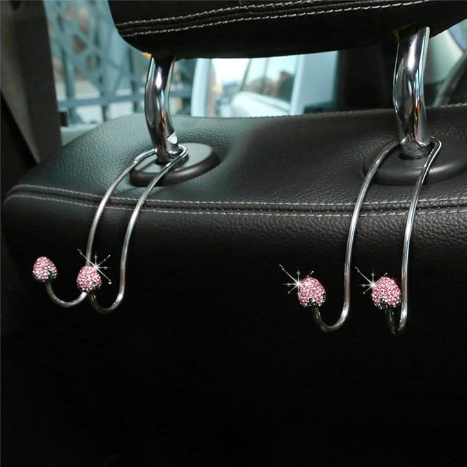 BESULEN Strawberry Car Decor Hooks, 2 Pack Bling Diamond Seat Back Organizers, Auto Headrest Storage Hangers Hooks for Purse Handbag Clothes Grocery, Universal Car Accessories for Women (Pink)
