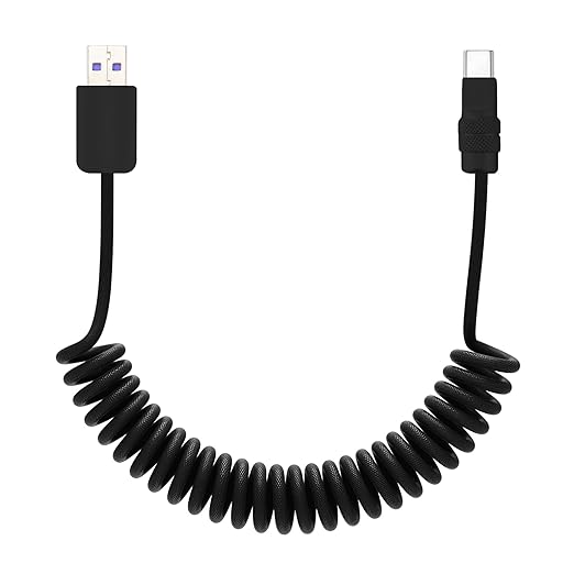 chubbycable Curly Chubby 120W Coiled USB C Fast Charging Cable Durable Braided Charger Cord for Car Compatible with iPhone 17-15 Series iPad, Black+Black, USB-A to Type-C, 2.13FT-6.56FT