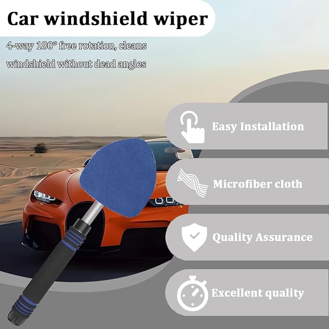 HZEL Car Windshield Cleaner Tool with Extendable Handle, Vehicle Glass Wiper Window Cleaning Tool with 2 Reusable Microfiber Pad, Auto Windscreen Detailing Cleaner Kit, Universal Fit (Triangle Blue)