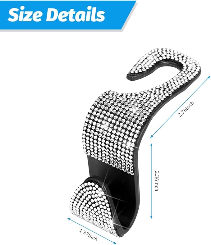 Zpana 4PCS Bling Car Seat Headrest Hooks, Vehicle Back Seat Purse Handbag Hanging Holder with Crystal Rhinestone, Diamond Storage Organizer Hook, Universal Automotive Accessories (Black/White)
