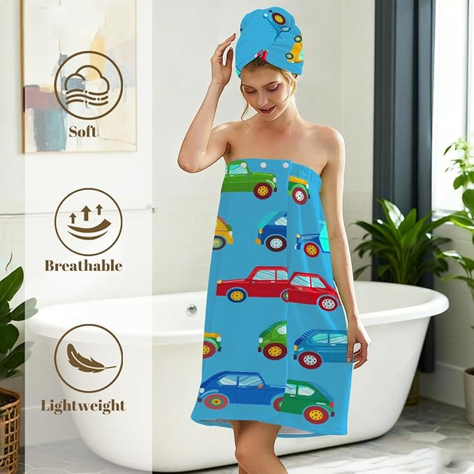 Women Bath Wrap Hair Towel Drying Cap Set Cartoon Car Pattern Soft Absorbent Bathrobe Shower Wraps with Adjustable Closure Spa Bath Robe