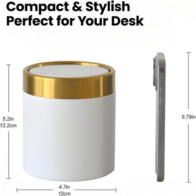 Mini Trash Can with Lid, 1.5 Liter / 0.4 Gallon Small Metal Desk Garbage Bin for Countertop, Coffee Bar, Vanity – White