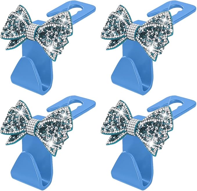 Zpana Bling Car Headreat Hook, 2PCS Crystal Rhinestone Cute Bow Vehicle Seat Back Hanger Storage for Purses Bags Grocery, Diamond Auto Rear Seat Organizer, Universal for SUV Truck Sedan (Light Blue)