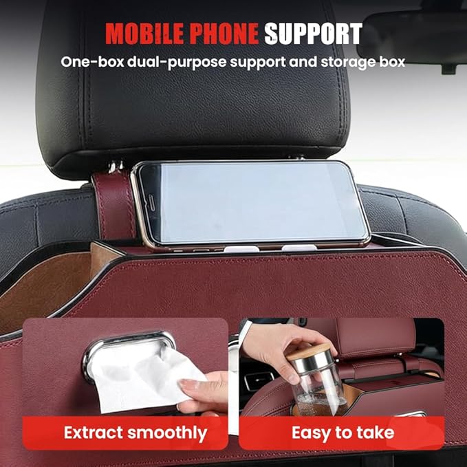 3-in-1 Car Backseat Organizer, 2026 Multifunctional Car Back Seat Storage Organize Box with Cup Holder Tissue Box, for Hold Phones, Snacks, Drinks, Handbags (Red)