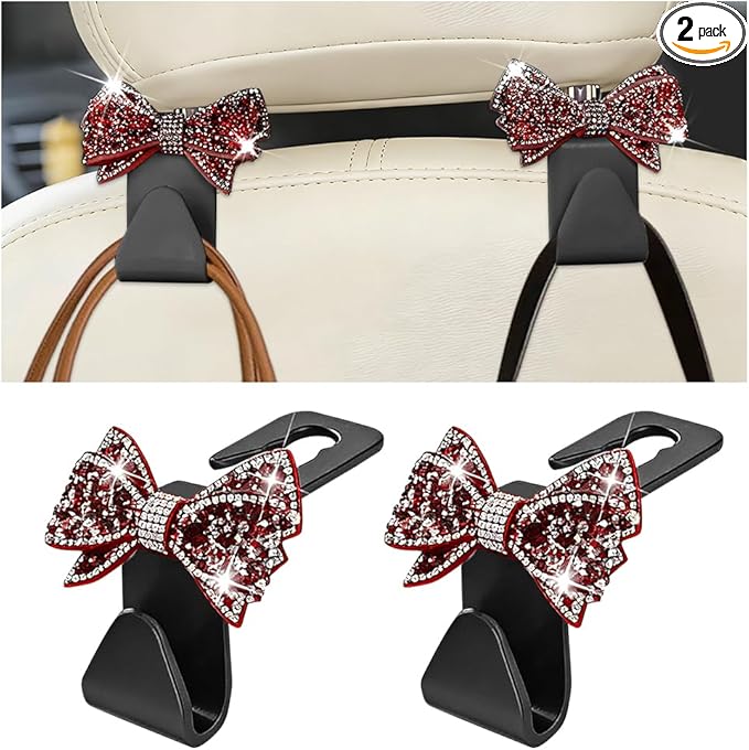 Zpana Bling Car Headreat Hook, 2PCS Crystal Rhinestone Cute Bow Vehicle Seat Back Hanger Storage for Purses Bags Grocery, Diamond Auto Rear Seat Organizer, Universal for SUV Truck Sedan (Red)