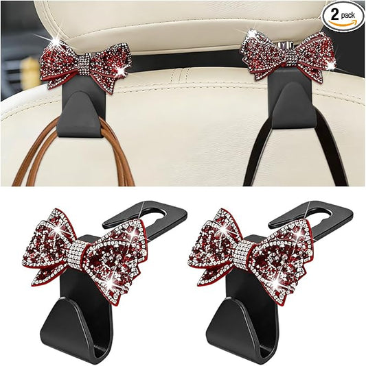 Zpana Bling Car Headreat Hook, 2PCS Crystal Rhinestone Cute Bow Vehicle Seat Back Hanger Storage for Purses Bags Grocery, Diamond Auto Rear Seat Organizer, Universal for SUV Truck Sedan (Red)