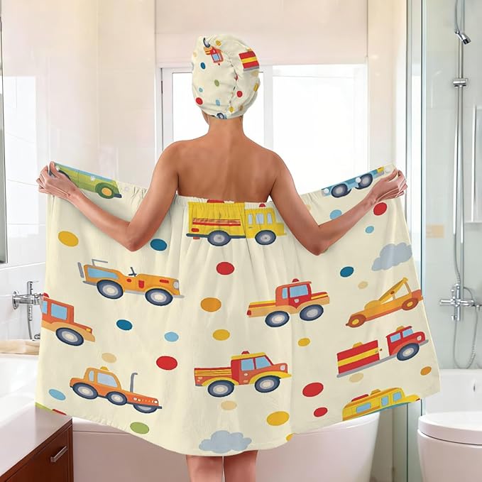 Women Bath Wrap Hair Towel Drying Cap Set Colored Trucks Cars Polka Dots Soft Absorbent Bathrobe Shower Wraps with Adjustable Closure Spa Bath Robe