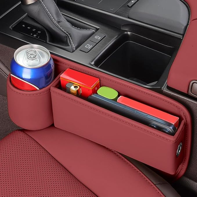 Car Seat Gap Filler Organizer for Tesla Model 3/Model S/Model X/Model Y 2013-2025, with Cup Holder Adjustable Car Seat Storage Box Leather Material,Pink-Driver's+Passenger seat