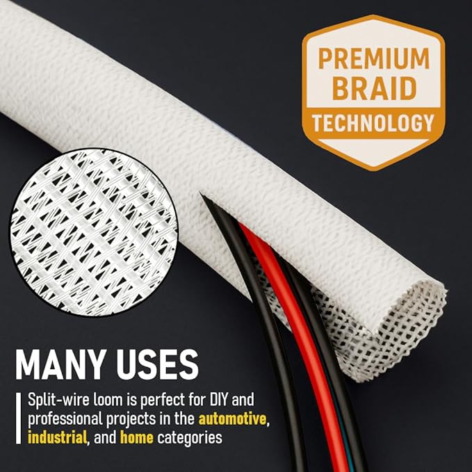 MGI SpeedWare Braided Split-Sleeve White Wire Loom for High-Temperature Automotive Harness and Home Cable Management 25 feet (1")