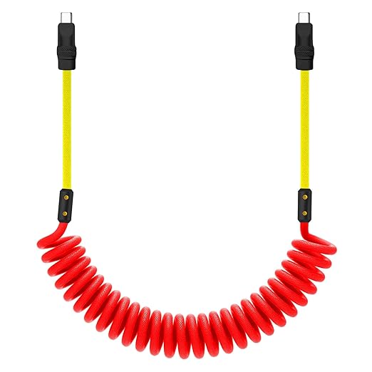 chubbycable Curly Chubby 240W Coiled USB C Cable Retractable Fast Charging Cable for Car Charger Cord Compatible with iPhone 17-15 Series, Red+Yellow, Type-C to Type-C, 2.29FT-3.6FT