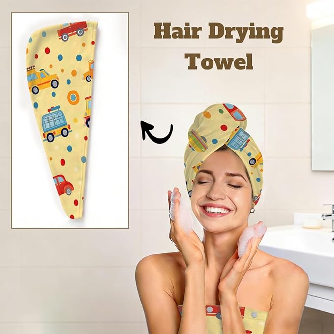 Women Bath Wrap Hair Towel Drying Cap Set Colorful Cars Bus Polka Dots Soft Absorbent Bathrobe Shower Wraps with Adjustable Closure Spa Bath Robe