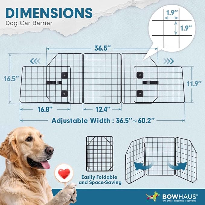 BOWHAUS Dog Car Barrier, Dog Divider for SUVs, Trucks, Vehicles, Heavy-Duty Wire Mesh Adjustable & Foldable Pet Barrier for Cargo Area, Car Safety Accessories, Hardware Included
