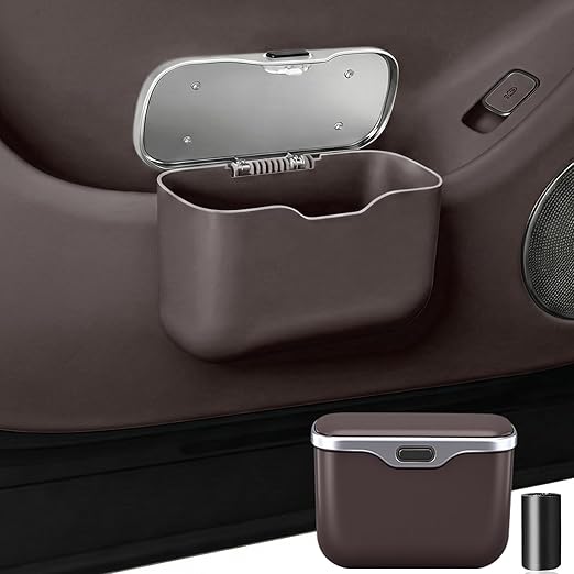 Car Trash Can with Lid - Leakproof Hanging Car Garbage Bin for Door & Seat Back - Waterproof Auto Trash Bag & Multifunctional Storage Organizer for SUV, Truck, Sedan (Brown)