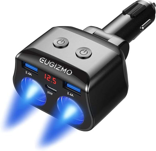 EUGIZMO Dual Car Charger Adapter, 200W Double Cigarette Lighter Adapter Outlet Dual Cigarette Lighter Plug Splitter USB Charger 12V Cigarette Lighter Socket Plug Splitter 2 Socket for Car
