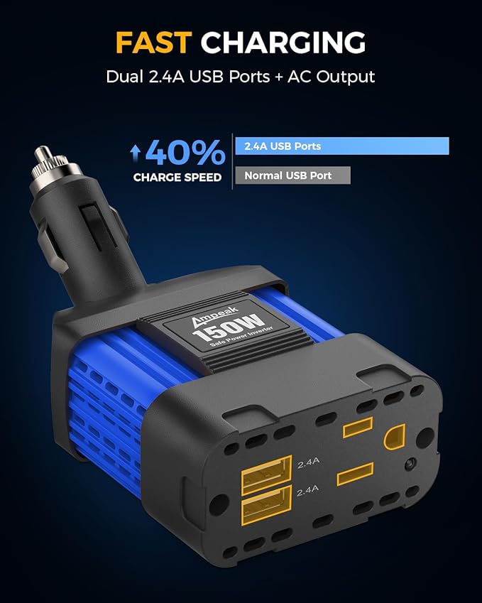 Ampeak 150W Car Power Inverter 4.8A Dual USB Ports AC Outlet Car Adapter Cordless Car Inverter 12V DC to 110V AC Car Adapter for Plug Outlet