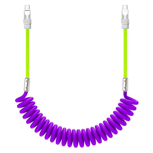 chubbycable Curly Chubby 240W Coiled USB C Cable Retractable Fast Charging Cable for Car Charger Cord Compatible with iPhone 17-15 Series, Light Green+Purple, Type-C to Type-C, 2.29FT-3.6FT