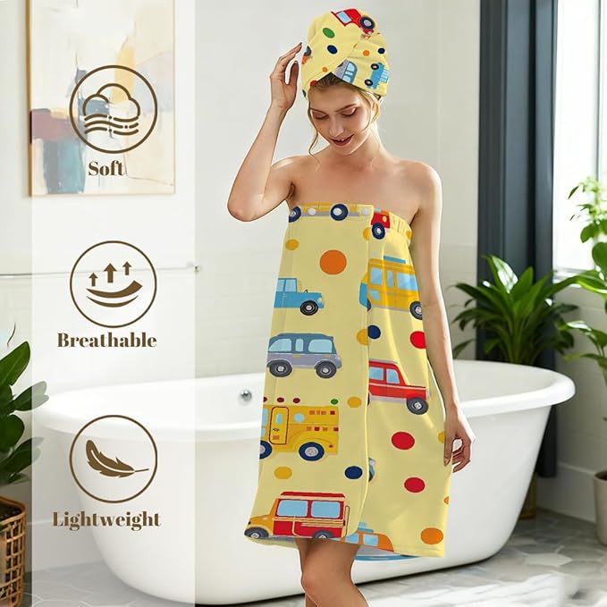 Women Bath Wrap Hair Towel Drying Cap Set Cartoon Cars Bus Pattern Soft Absorbent Bathrobe Shower Wraps with Adjustable Closure Spa Bath Robe