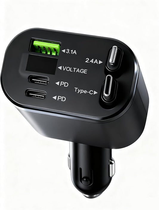 5-in-1 Fast Car Charger with USB-A and USB-C Ports, Compatible with iPhone 16/15/14, Samsung Galaxy