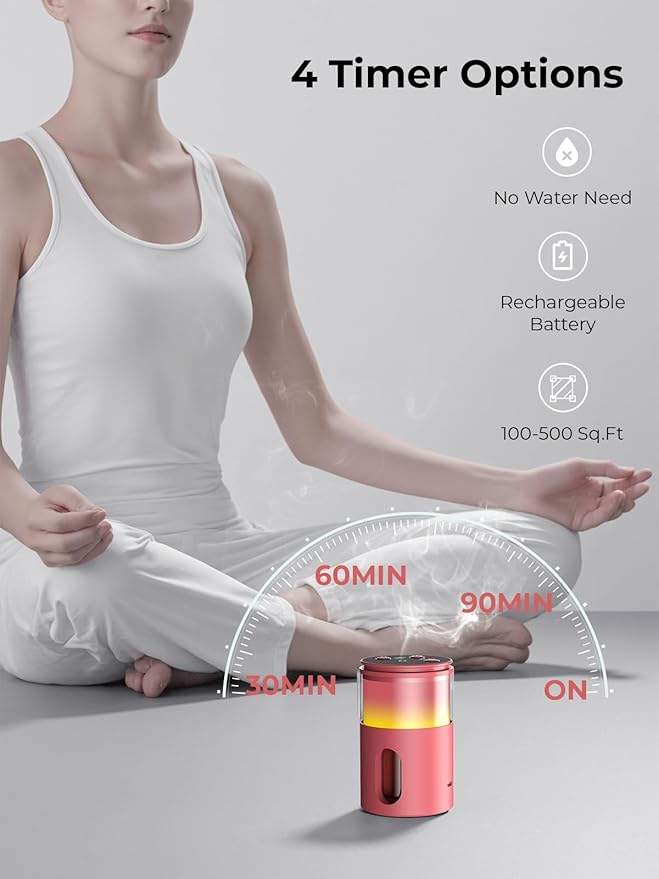 Waterless Diffuser for Essential Oil: Mini Battery Scent Diffuser for Room&Home&Car with 9 Colors LED Light - Aroma Cool Mist Machine Bright Red