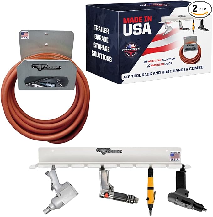 Pit Posse PP3359 Air Tool Pneumatic Rack Holder and Air Hose Hanger Combo- Made in USA- Aluminum Tool Organizer for Garage Trailer Workspace-Toy Hauler-Snowmobile-5th Wheel-Holds Up to 10 Air Tools
