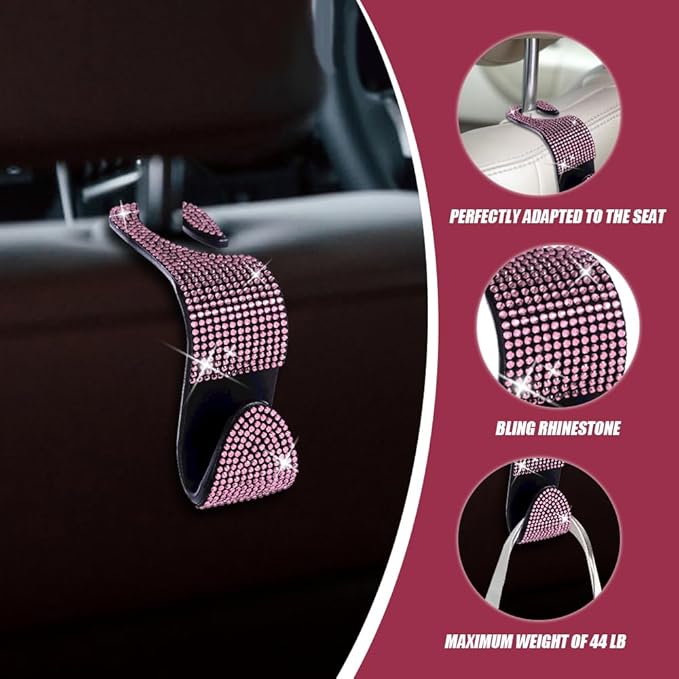 deemars 2 Pack Car Seat Headrest Hook, Bling Car Hooks Front Seat, Back Seat Organizer Hanger Storage Hook Car Purse Hook for Bags, Clothes, Coats, Grocery Bags (Pink)