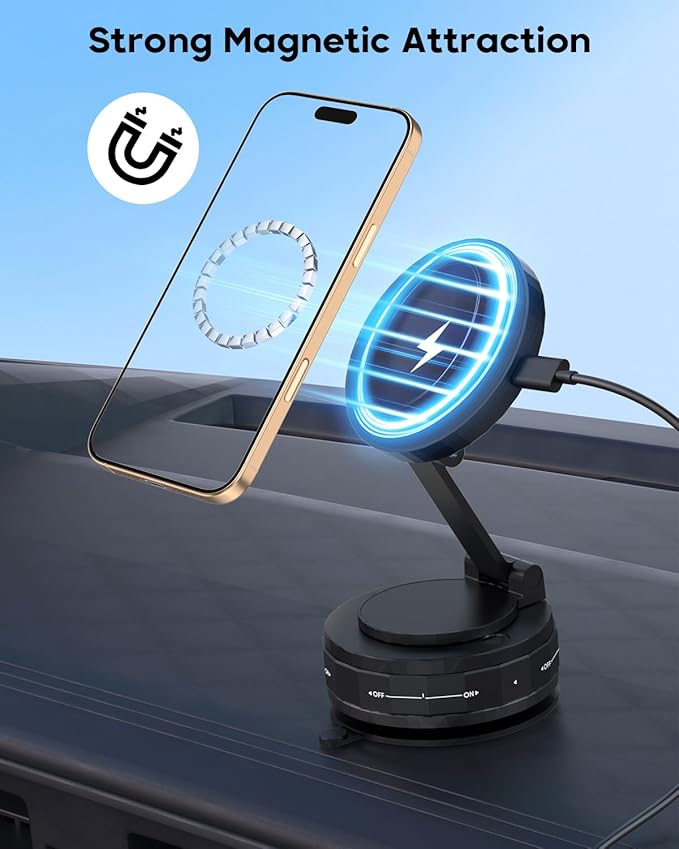 Wireless Car Charger,Strong Magnetic Phone Holder, [15W Wireless Faster Charging],360° Adjustable Foldable Phone Holder for Car/Mirror/Smooth Surface Compatible with iPhone 17 Pro Max/17 Air/16 Pro/15