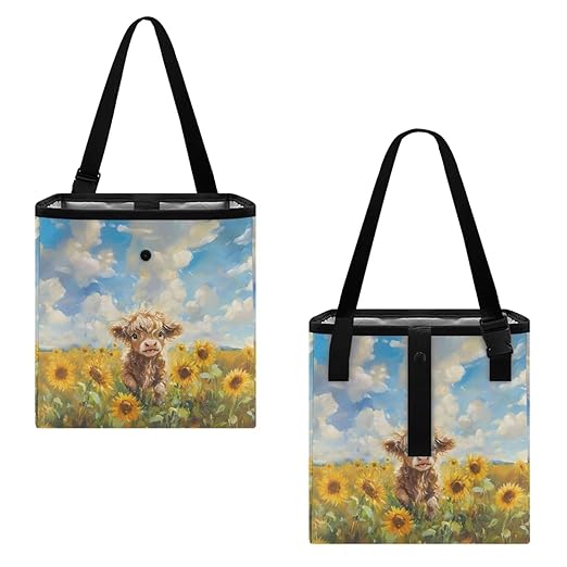 Highland Cattle Sunflower Print Car Trash Can Leakproof Trash Bin Car Garbage Can Hanging Water-Resistant Collapsible Auto Trash Bag Car Accessories for Women Men