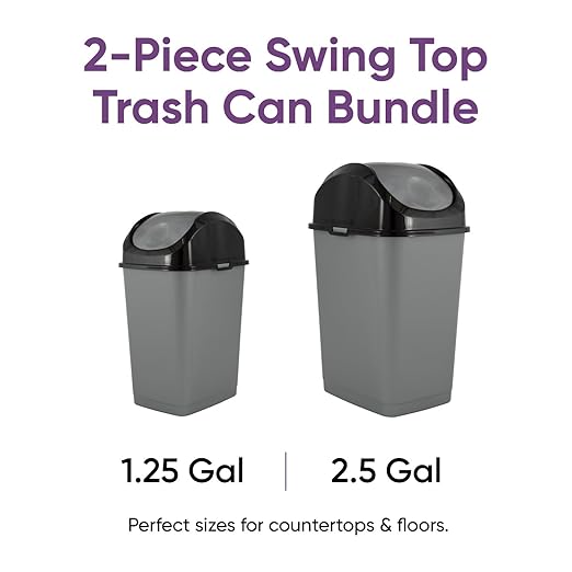 Superio Mini 1.25 Gallon and Small 2.5 Gallon Plastic Trash Cans with Swing Top Lid, Grey Waste Bin for Countertop, Desk, Vanity, Bathroom, 2 Pack (Grey/Black)