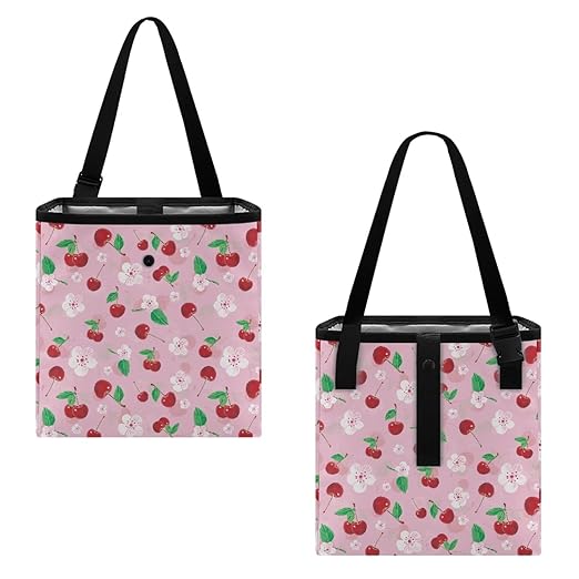 Cherry Blossom Car Trash Can Hanging Trash Bin Leak-Proof Collapsible Car Garbage Bag, Cherries Car Accessories 2 Gal Large Capacity Multipurpose Storage Container Pink
