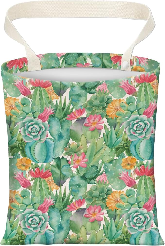 Cute Car Trash Can, Hanging Canvas Car Back Seat Organizer and Storage Bag, Funny Car Trash Bag for Travelling, Outdoor Cute Green Cactus Flowers