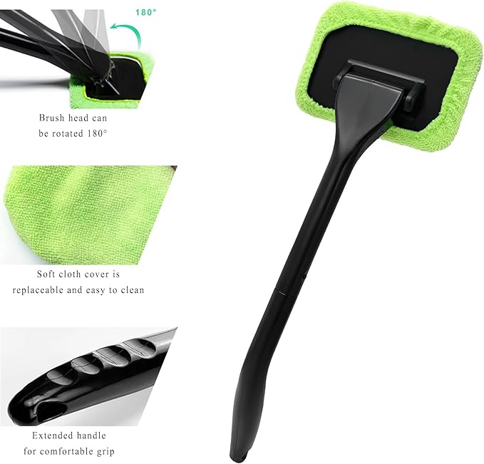 KVAEY Car Windshield Cleaning Tool, Microfiber Window Cleaner with 4 Washable Reusable Cloth Pad & Extendable Handle, Auto Glass Cleaning Kit with Spray Bottle for Glass Wiper
