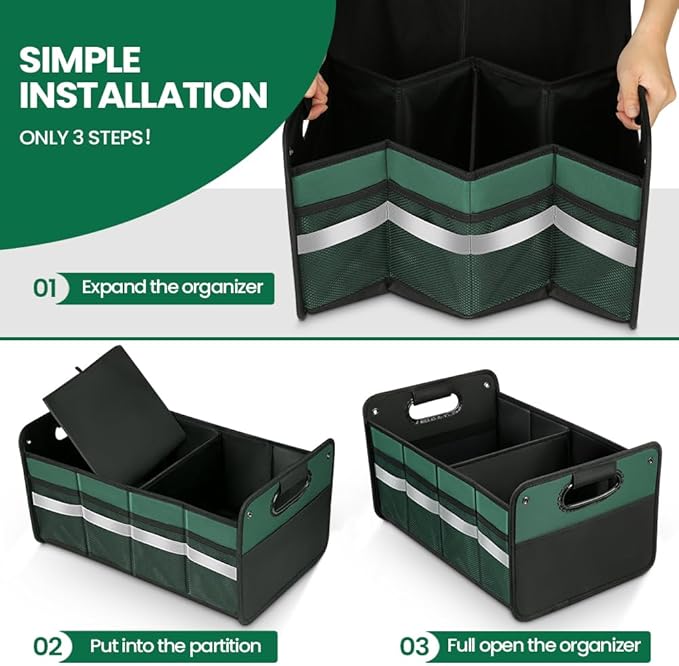 Car Trunk Organizer, Car Storage Organizer, Collapsible Multi Compartment for Car, Suv, Sedan, Truck, 100L, Extra Larger (Green, 50L)
