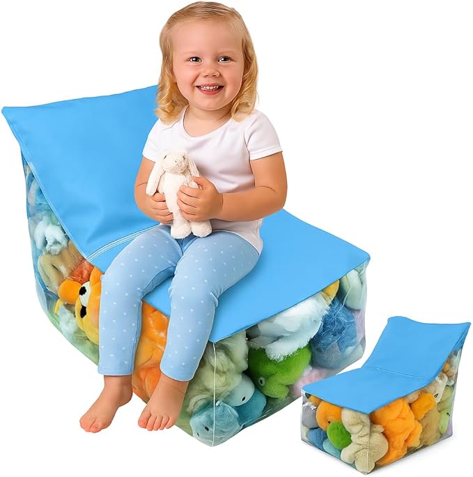 Stuffed Animal Storage Chair – Clear Bean Bag for Stuffed Animals, Toy Organizer Seat with PVC Window & Non-Slip Base for Kids Playroom (Blue)