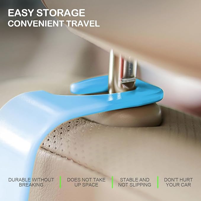 Osilly Car Seat Headrest Hook, 4 Pack Auto Seat Hanger Storage Organizer for Purse Handbag Coats Grocery Bags, Car Interior Accessories, Universal Vehicle Backseat Plastic Hanging Hook（Sky Blue）