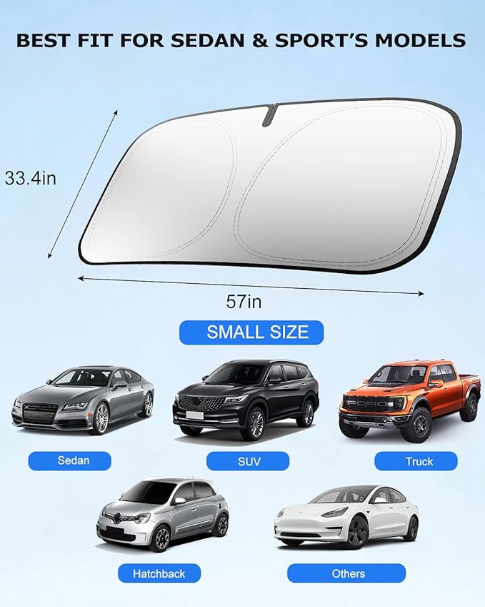 DMJN Front Windshield Sun Shade for Universal Small Size, [Nano Ice-Crystal Coatings] UPF50+ Heat & UV Block, Protect Car Interior & Keep Cool, Flodable Steel-Ring Car Cover for Summer