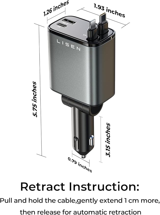 LISEN Retractable Car Charger, Gifts for Him Her, Car Adapter USB C Fast Charger, gifts for Mothers Day Travel Essentials kits Car Accessories for Men Women Gifts for iPhone 17 16 15 14 13 Samsung S26