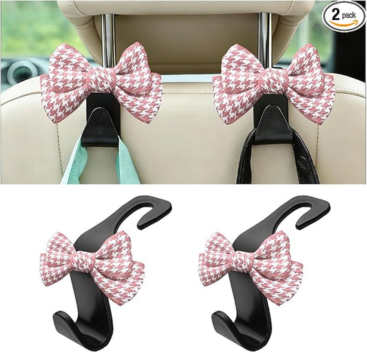 2PCS Car Seat Headrest Hooks, Cute Bow Vehicle Backseat Storage Hanger for Handbag Umbrella Coat, Auto Seat Back Hook Holder Organizer Decor, Universal for Vehicles (Small Pink Houndstooth)
