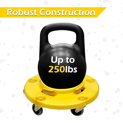 MaxWorks 51192 Round Trash Can High Visibility Yellow Dolly with 5 Swivel Casters 18 inch Dolly for 20 32 44 55 Gallon Containers Twist ON & Off Great for Shops Garages Car Detailing
