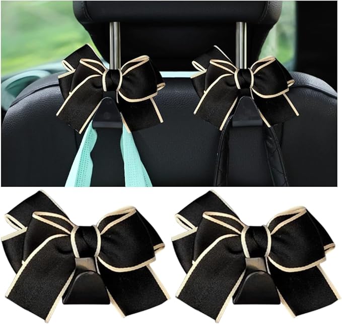 Car Seat Headrest Hook, 2PCS Cute Bow Knot Vehicle Seatback Hanging Storage Organizer, Seat Back Hanger for Purse Coat Umbrella, Universal Automotive Interior Decor Accessories (Black/White)