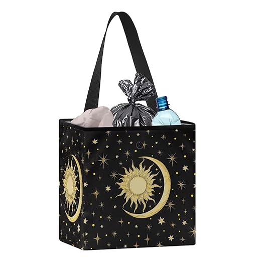 Car Trash Bag Hanging, Sun Moon Stars Pattern Garbage Bag and Water Resistant Trash Can for Car, Leakproof Trash Can for SUV Truck Car Accessories(Black)