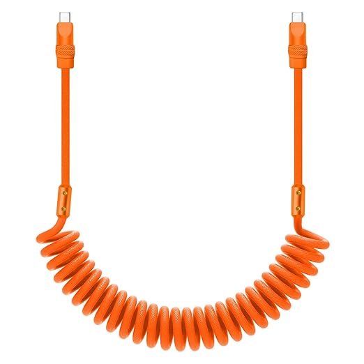 chubbycable Curly Chubby 240W Coiled USB C Cable Retractable Fast Charging Cable for Car Charger Cord Compatible with iPhone 17-15 Series, Orange, Type-C to Type-C, 2.29FT-3.6FT